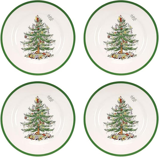 Spode Christmas Tree 10.5" Dinner Plate (Set of 4) - Festive Holiday Stoneware Plate with Christmas Tree & Green Borders, Microwave, Dishwasher, Freezer & Oven Safe - Holiday Tableware