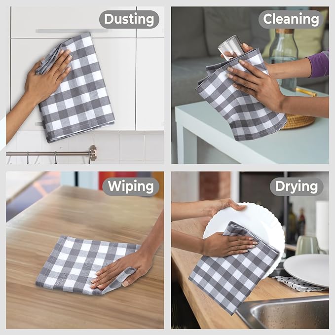 Urban Villa Kitchen Towels Set of 6 Buffalo Checks Grey/White Kitchen Towels 20X30 Inches 100% Cotton Highly Absorbent Kitchen Towels Premium Quality Ultra Soft Mitered Corners KitchenTowels