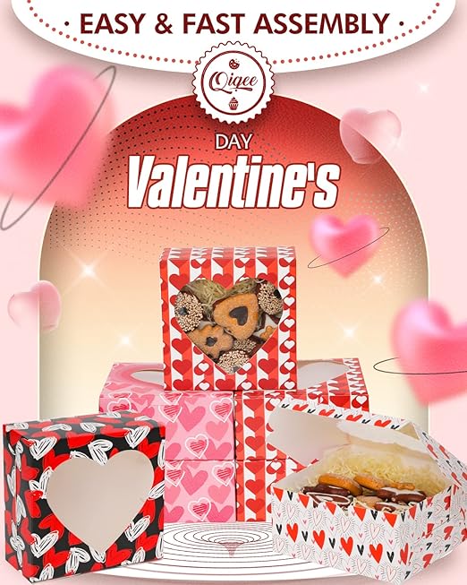 qiqee Valentine Bakery Box with Original Unique Design 60packs 6x6x3 Cookie Boxes Pastry Box for Valentine's Day