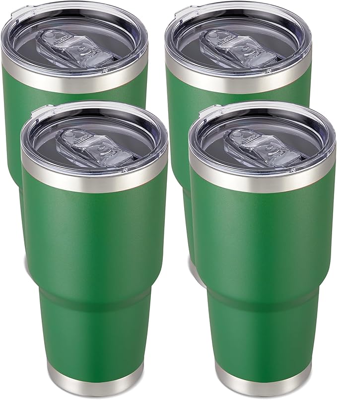 30 oz Tumbler with Lid Stainless Steel Tumblers Bulk Vacuum Insulated Cup Reusable Powder Coated Travel Mug Double Wall Leak Proof Cups Keep Cold Drinks for 12 Hours Dark Green, Set of 4