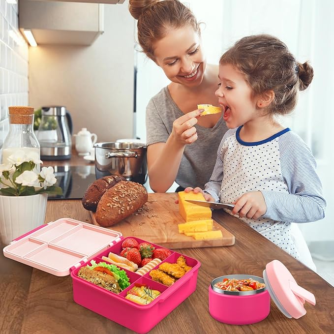 Bento Lunch Box with 8oz Soup Thermo, Kids Leakproof Lunch Food Containers with 4 Compartment, Kids Thermo Insulated Hot Food Jar for School, Trvael - (Pink)