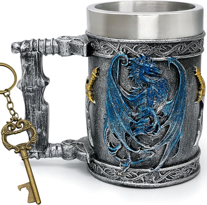 alikiki Medieval Large Beer Tankard Blue Dragon DnD Game Mug of Throne Stainless Coffee Cup Dungeons and Dragons Gifts for Men Women Dragon Collector Themed Party Decorations 21oz