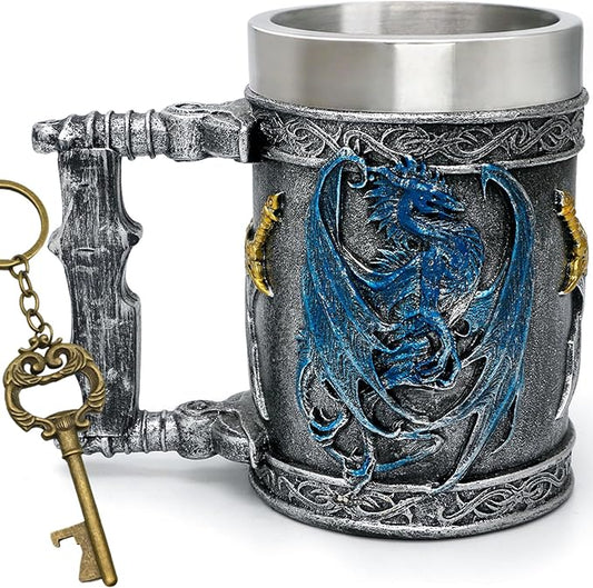 alikiki Medieval Large Beer Tankard Blue Dragon DnD Game Mug of Throne Stainless Coffee Cup Dungeons and Dragons Gifts for Men Women Dragon Collector Themed Party Decorations 21oz