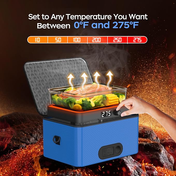 Portable Oven, 12V 24V 110V-240V Car Food Warmer Portable Personal Mini Oven Electric Heated Lunch Box for Meals Reheating & Raw Food Cooking for Road Trip/Camping/Picnic/Family Gathering(Blue)