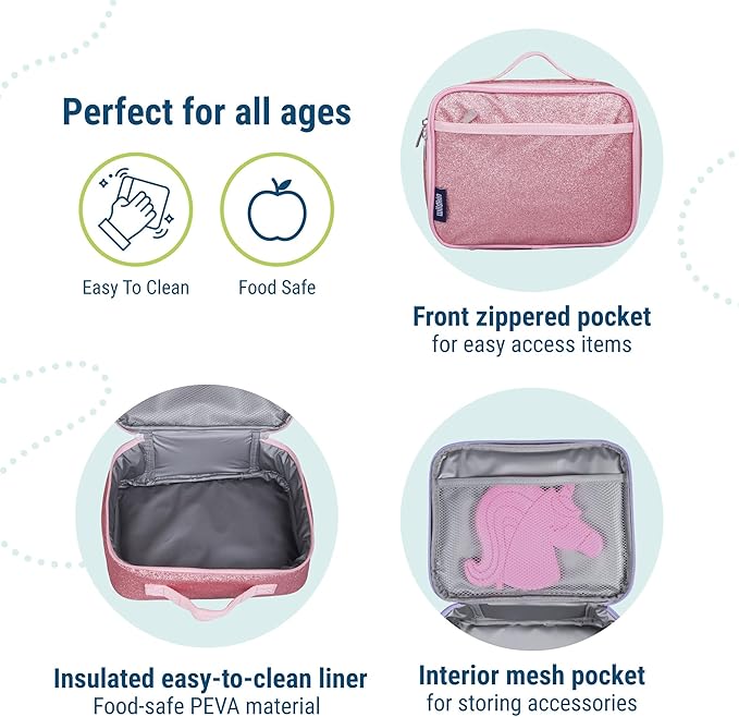 Wildkin Kids Insulated Lunch Box – Durable and Reusable for School & Travel - Pink Glitter