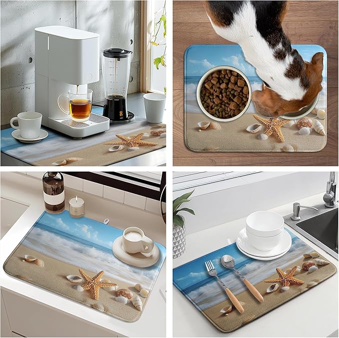 Summer Ocean Beach Blue Dish Drying Mat Sea Shell Starfish Large Kitchen Mat Dish Drying Pad Absorbent Dish Dryer Mat for Kitchen Countertops Microfiber Drainer Pad Dish Drying Rack Mat (18x24 in)