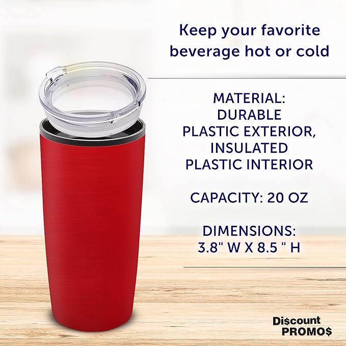 DISCOUNT PROMOS Plastic Tumblers 20 oz. Set of 6, Bulk Pack - With lids, Ice Coffee Tumbler, To Go Cup, Insulated - Red