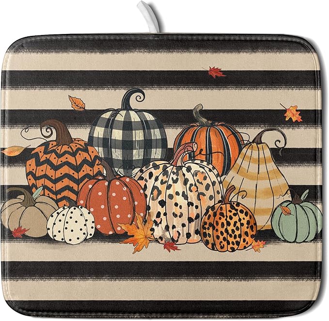 Autumn Pumpkin Dish Drying Mats 16x18 In, Fall Leopard Buffalo Plaid Thanksgiving Halloween Absorbent Microfiber Quick Dry Dishes Drainer Rack Mat for Kitchen Counter Decor