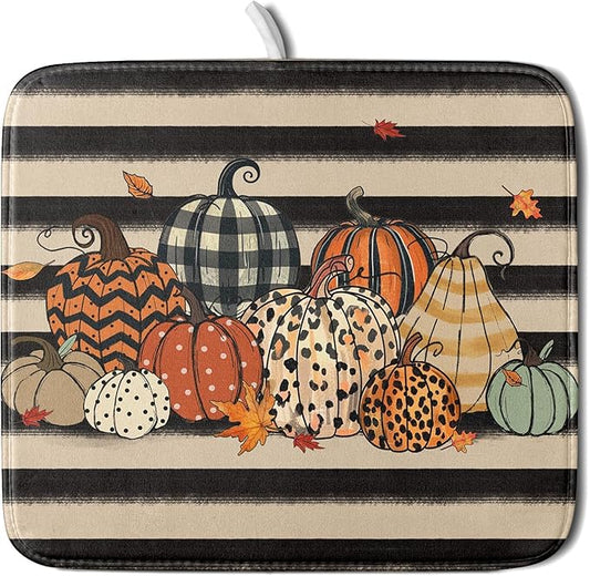 Autumn Pumpkin Dish Drying Mats 16x18 In, Fall Leopard Buffalo Plaid Thanksgiving Halloween Absorbent Microfiber Quick Dry Dishes Drainer Rack Mat for Kitchen Counter Decor