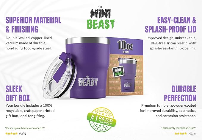 Beast 10 oz Tumbler Stainless Steel Vacuum Insulated Coffee Ice Cup Double Wall Travel Flask (Purple)