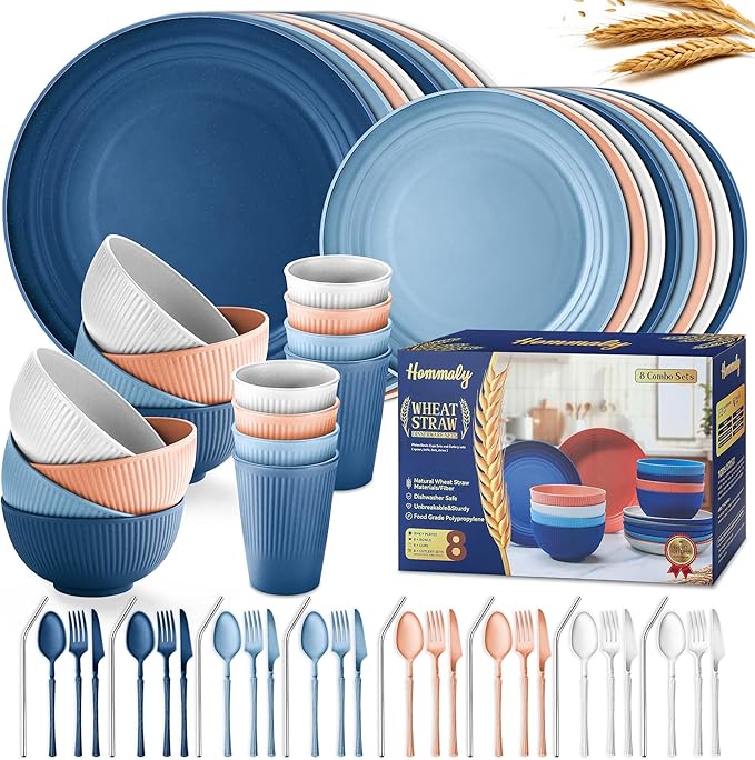 Wheat Straw Dinnerware Sets,64-Piece Plates and Bowls Sets for 8-Unbreakable,Reusable Plastic Dish Set-Dinner Plate/Dessert Plate/Cereal Bowl/Cup/Utensils-Dishwasher Safe 64P-Oecan Coral