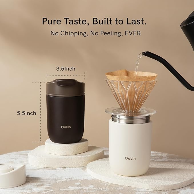 OutIn Travel Tumbler, Outdoor Insulated Coffee Tumbler with Leak-Proof Flip Lid, 12 oz Stainless Steel Mug for Hot & Cold Drinks Terra Brown