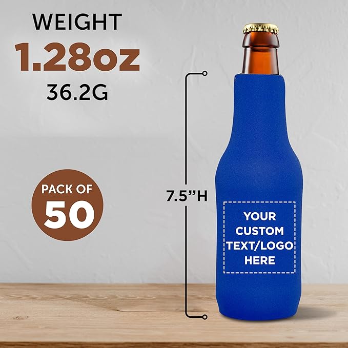 50 Neoprene Zippered Beer Bottle Coolies Pack - Customizable Text, Logo - Sharkskin Rubber Bottom - Royal Blue