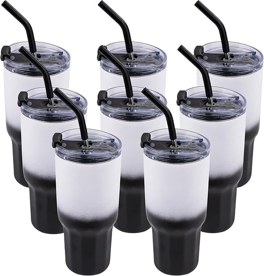 VEGOND 30 oz Insulated Stainless Steel Tumblers with lid and straw Bulk Pack Coffee Mug with Non-Slip Silicone Base, Sweat Proof Powder Coated Cup for Hot Cold Drinks, Black and White 8Pack