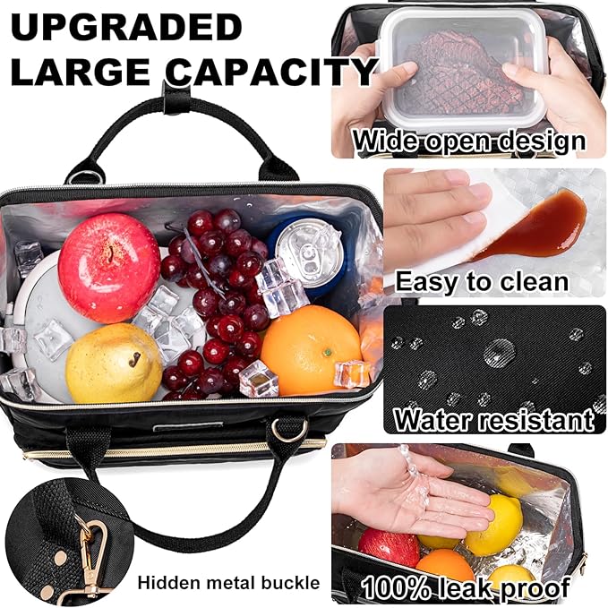 AIJIEKE Lunch Bag for Women, Large Lunch Box for Work Insulated Lunch Bag, Adult Leak Proof Lunch Tote Cooler Bag with Side Pockets & Adjustable Strap, Lunch Purse for Picnic Beach, Black