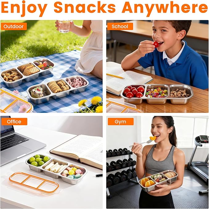 Bandesun Stainless Steel Snack Containers for Kids, Leak Proof 3 Compartment Food Storage Containers with Lids, Reusable Stackable Lunch Box for Travel, Home, Travel 3Pack