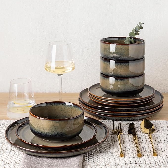 TheTerra Ceramic Dinnerware Sets for 4, 12 Pieces Handmade Reactive Glaze Plates and Bowls Set, Scratch Resistant Dish Set, Oven & Microwave & Dishwasher Safe