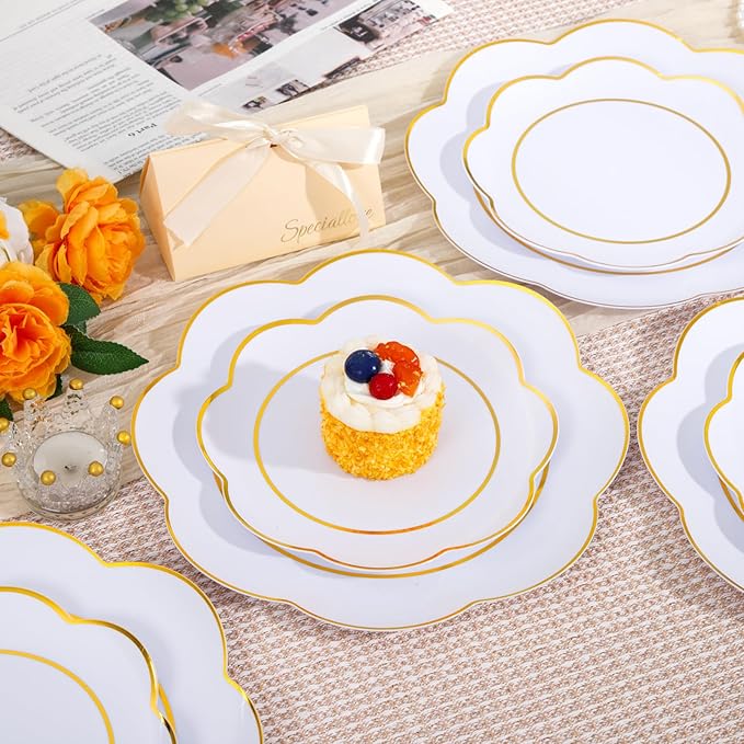 WONDERFUL 60pcs White Plastic Plates Disposable Heavy Duty White and Gold Plastic Plates for Party High-End Plate Includes 30 10.25in Dinner & 30 7.5in Dessert Plate Wedding/Christmas/Thanksgiving