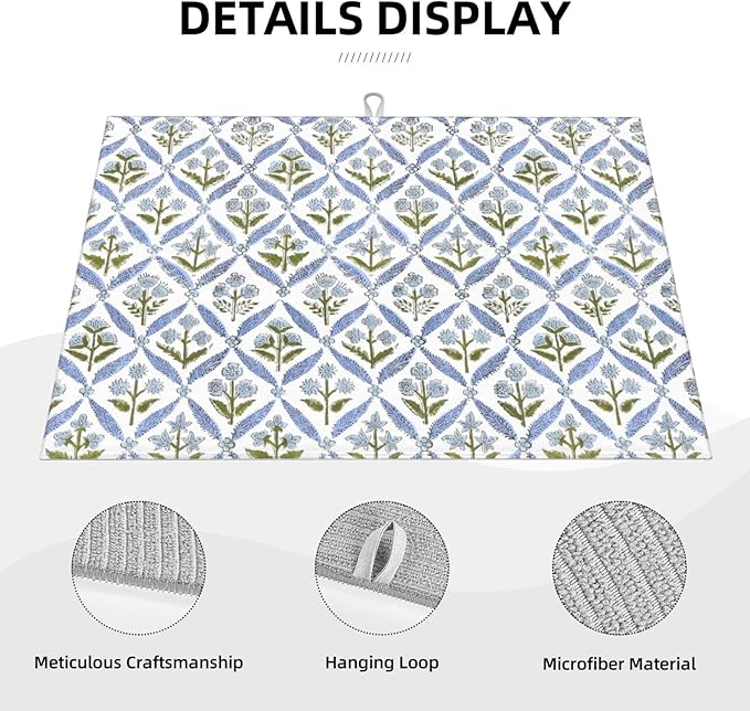 Boho Dish Drying Mat 18x24 Inches For Kitchen Counter Block Print Blue Floral Kitchen Decoration Drying Mat Modern Decorative Flower Drying Pad Mat for Home Kitchen Decor,Dining Room,Office