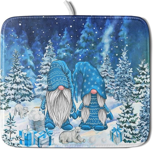 Winter Blue Gnome Dish Drying Mat for Kitchen Counter Pine Tree Microfiber Dish Pad Absorbent Reversible Fast Dry Draining Mats 16x18 Inch
