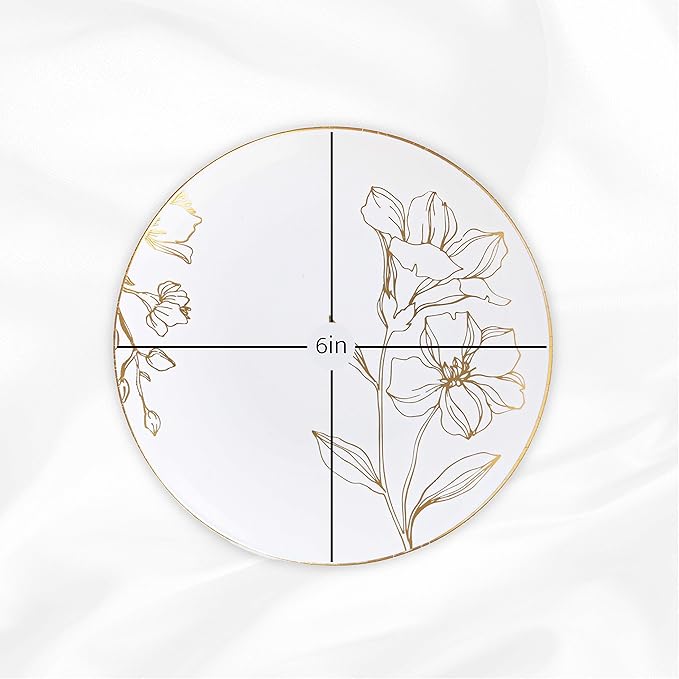[6'' Plates 10 Count] White Plastic Floral Design Party Plates With Gold Rim Premium heavyweight Elegant Disposable Tableware Dishes