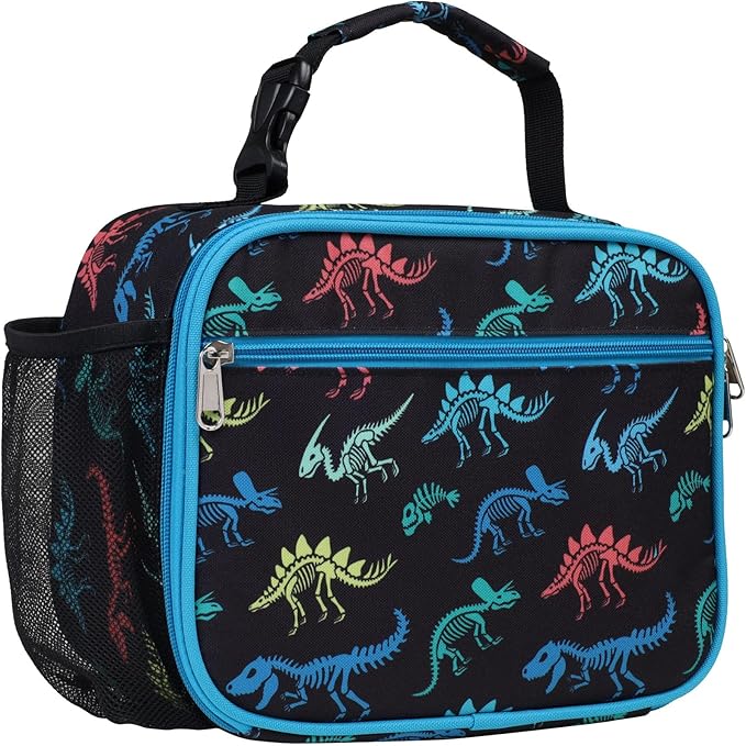 Bagseri Kids Lunch Bag Boys - Insulated Lunch Box for Kids Reusable Leak-Proof Boys Lunch Bag with Water Bottle Holder Toddler Lunch Box for Daycare and School, Black Dinosaur Fossil