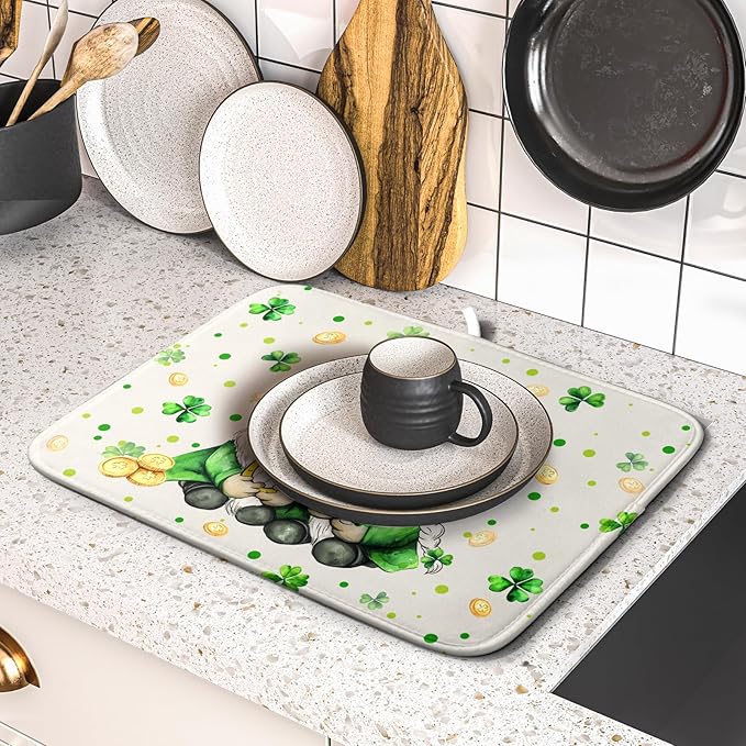 St Patrick's Day Gnome Dish Drying Mat 16x18 inch Lucky Shamrock Absorbent Reversible Dishes Drainer Rack Mat for Coffee Bar Kitchen Decor