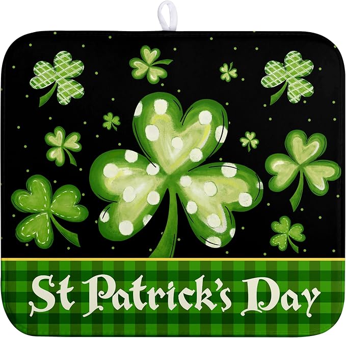 St Patrick's Day Dish Drying Mats for Kitchen Counter 16x18 Inch Lucky Clovers Shamrock Green Buffalo Plaid Drying Mat Microfiber Absorbent Dish Drying Pad Dish Drainer Rack Mats for Kitchen Sink