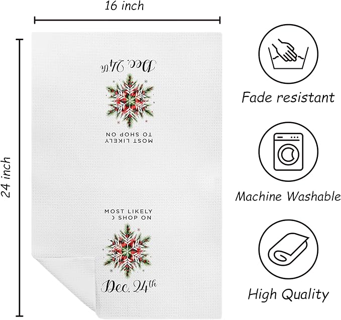 Christmas Eve Kitchen Towels, Rustic Winter Xmas Dish Tea Towels for Kitchen, Red and Green Christmas Pine Snowflake Decorative Hand Towel for Bathroom, 16x24 Inch