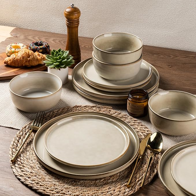 AmorArc Stoneware Dinnerware Sets,Round Reactive Glaze Plates and Bowls Set,Highly Scratch Resistant | Dishwasher & Microwave Safe Dishes Set,Service for 4 (12pc)