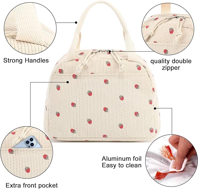 Bluboon Lunch Bag for Women Men Cute Corduroy Lunch Tote Bags Reusable Insulated Lunch Box Large Capacity Reusable Insulated Cooler for Work Picnic or Travel