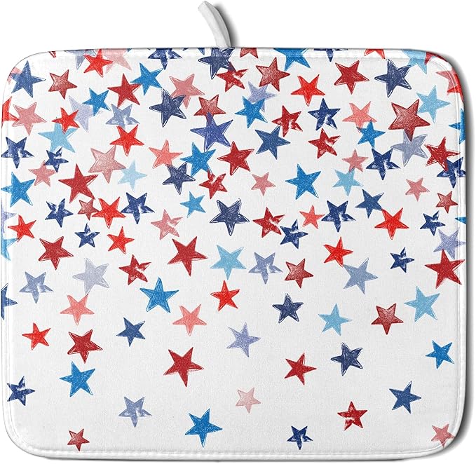 4th of July Dish Drying Mat for Kitchen Counter Patriotic Holiday Microfiber Absorbent Dish Draining Reusable Washable Foldable 16"x18"