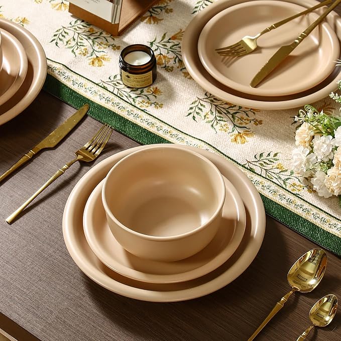 GZG Vintage Series - Ceramic Dinnerware Set for 8, 24 Pieces Stoneware Plates and Bowls Set, Lead-Free, Handcrafted Dishes Set, Microwave & Dishwasher Safe - Warm Apricot