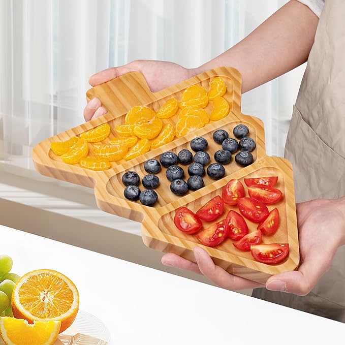 Wooden Christmas Serving Tray, Divided Charcuterie Board with 3 Compartments, Table Decorations for Christmas Party