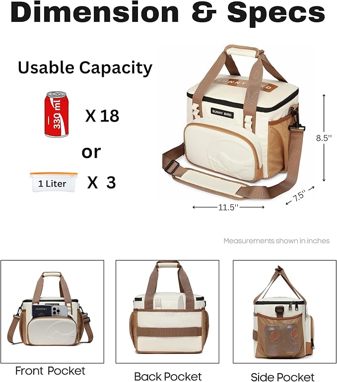 SUNNY BIRD 12L Large Insulated Lunch Bag, Leakproof and Foldable Lunch Cooler Box for Women Adult and Men, Fits 18 Cans (Ivory White 01)