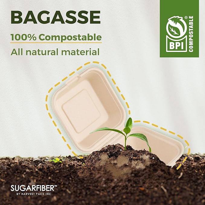 [50 COUNT]Harvest Pack PFAS FREE 6 X 6" Compostable Clamshell Take Out Food Containers, Single Compartment To go Container, Square Heavy-Duty Bagasse Bento Cake Box, from Eco-Friendly Sugarcane Fibers