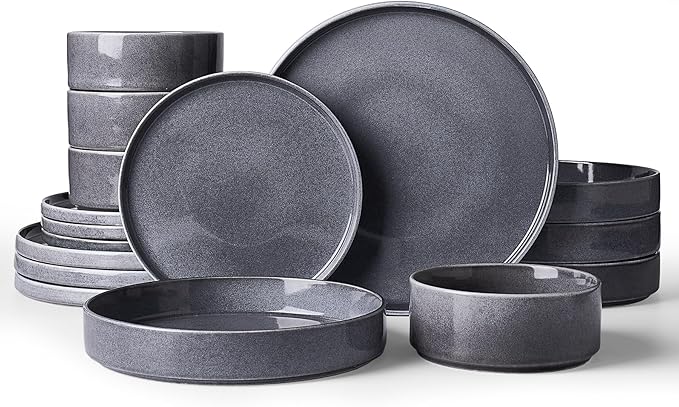 Famiware Annecy Plates and Bowls Sets, Service for 4 (16 Pieces), Dinnerware Sets with Pasta Bowls, Microwave and Dishwasher Safe Dishes Set, Chip and Scratch Resistant, Misty-Blue