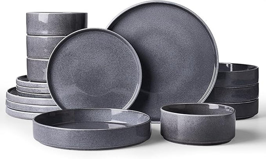 Famiware Annecy Plates and Bowls Sets, Service for 4 (16 Pieces), Dinnerware Sets with Pasta Bowls, Microwave and Dishwasher Safe Dishes Set, Chip and Scratch Resistant, Misty-Blue