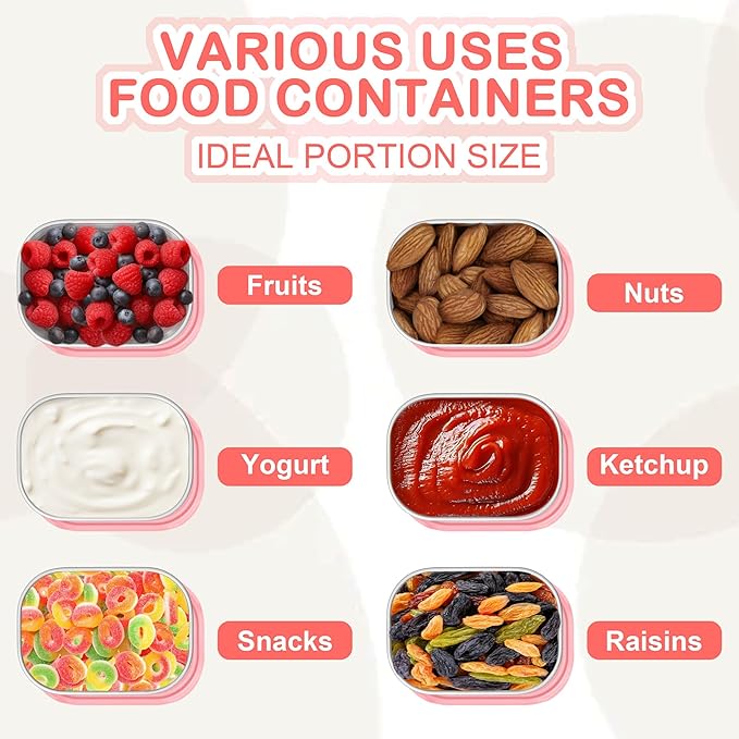 TeamFar 3 PCS Stainless Steel Snack Containers, 8oz /230ml Food Container with Silicone Lid for Kids Children, Metal Toddler Lunch Bento Box, Healthy & Lightweight, Leak-proof & Portable, Pink