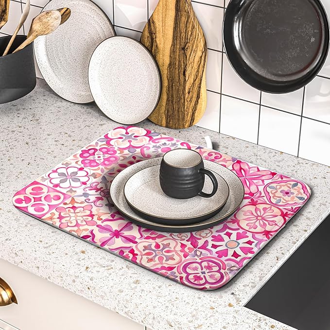 Pink Mexican Tiles Dish Drying Mat Absorbent Microfiber Dish Drying Pad for Kitchen Multi-use Large