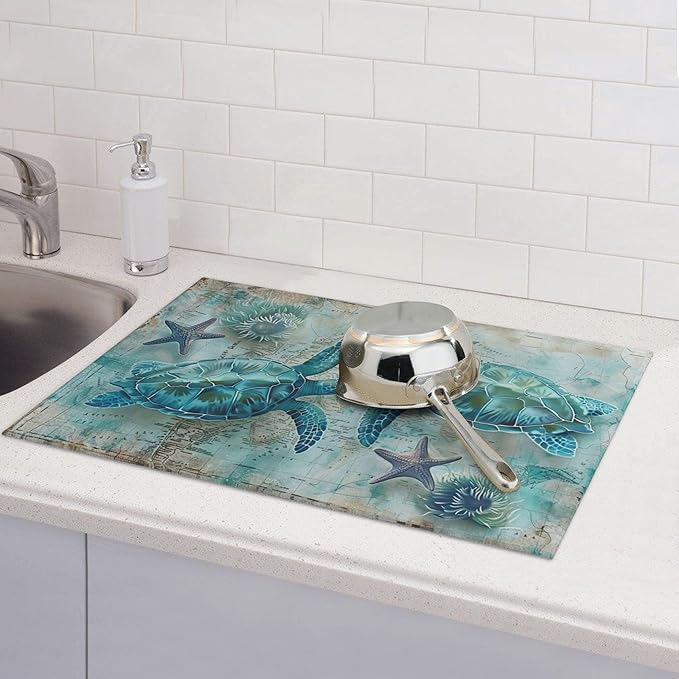 Sea Turtles Dish Drying Mat for Kitchen Counter Microfiber Super Absorbent Non-Slip Dish Drying Pad for Countertops Dishes Utensils Stylish Quick-Dry Machine Washable 18x24 Inch