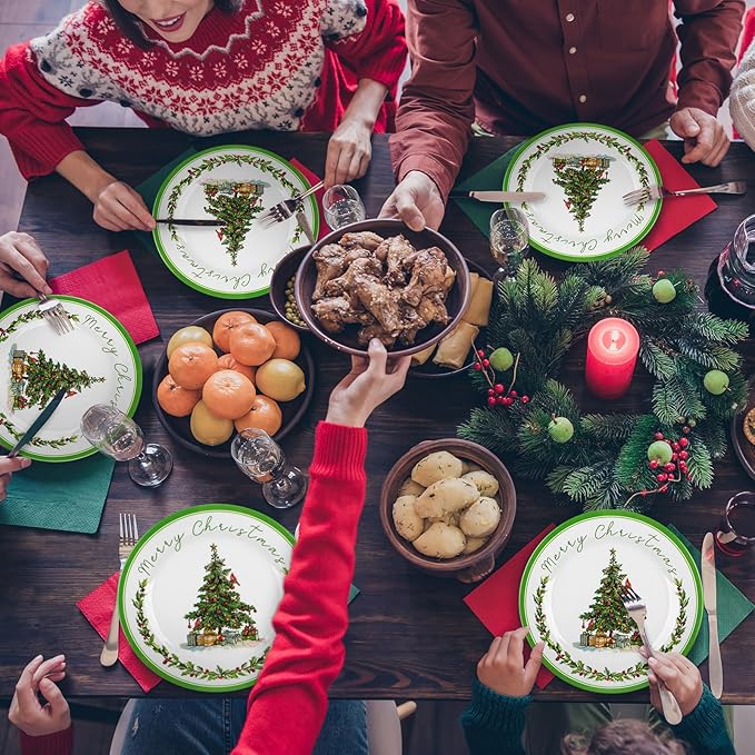6 Pcs Christmas Dinner Plates Xmas Tree Melamine Dinnerware Green Plates Xmas Wreath Dishes Holiday Tableware for Dessert Salad Appetizer Birthday Party(Christmas Tree,8 Inches)