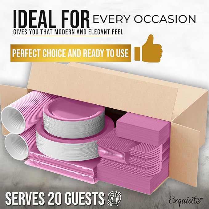 222 Pcs Hot Pink Paper Plates and Napkins Sets, Disposable Plates For Party, Lunch & Cocktail Napkins Paper, 18oz Plastic Cups, Cutlery and Hot Pink Table cloth Plastic Dinnerware Set