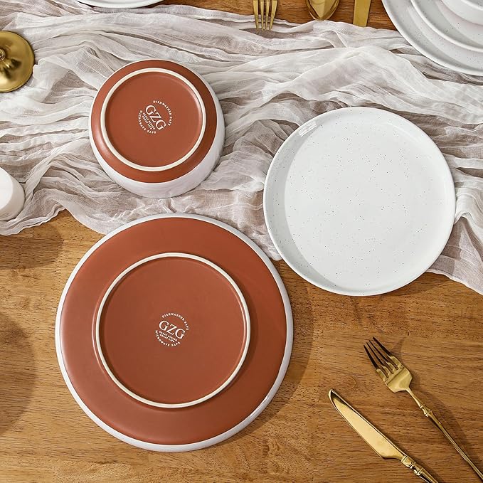 GZG Modern Art Series - 6 Pcs Speckled Stoneware Plates and Bowls Sets, Ceramic Dinnerware Set with Rustic Terracotta Underside, Microwave and Dishwasher Safe Handcrafted Dishes Set - Porcelain White