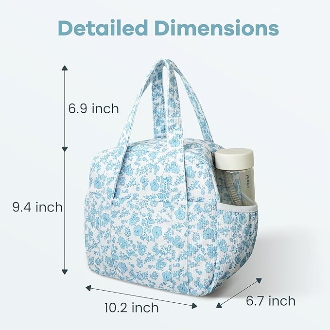 Yarnic Lunch Bag Women Men Insulated, Large Corduroy Lunch Box for Work with Bottle Pockets, Stylish Reusable Cooler Tote for Adults Teachers Picnic Hiking (Blue Flower)