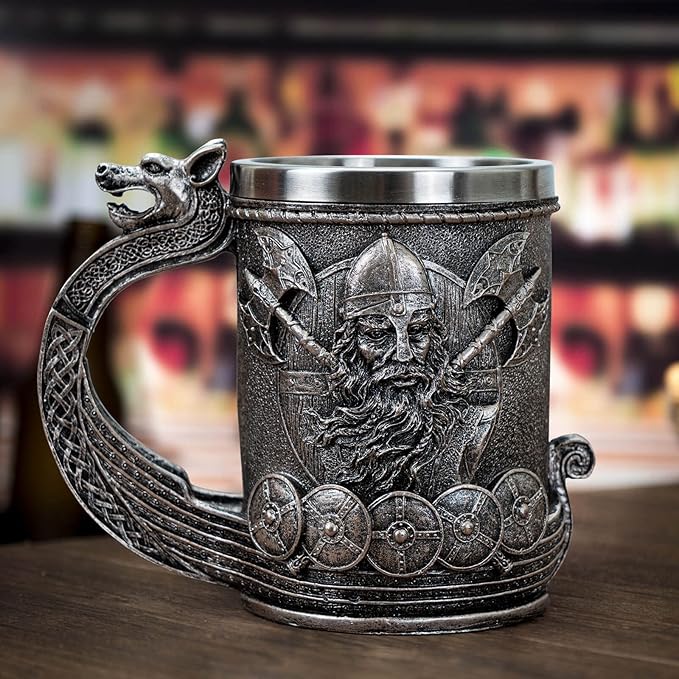 Viking Mug Beer Stein Tankard, Stainless Steel Ideal Drinkware for Coffee Cup Nordic Style Gifts for Men