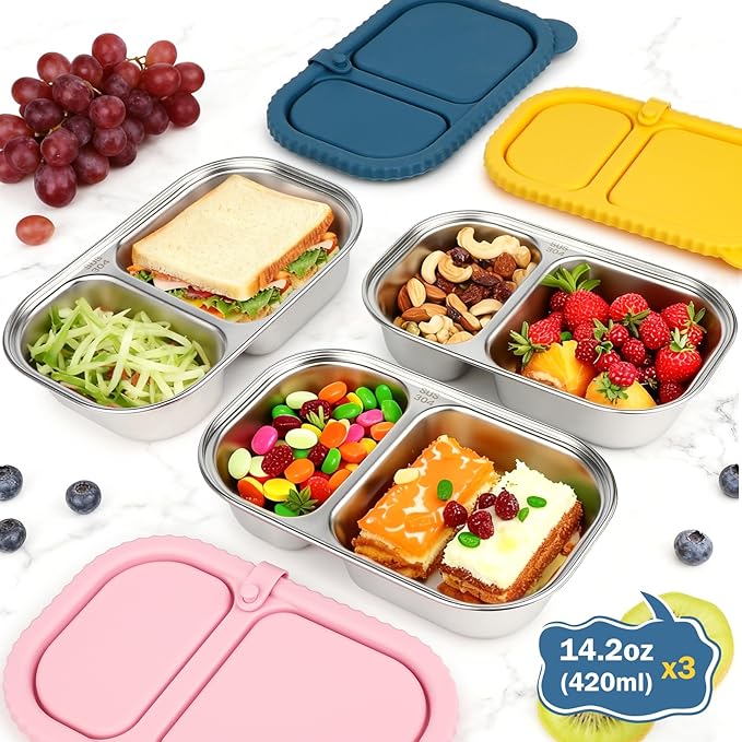 3 Pack Stainless Steel Snack Containers with Lids, Reusable 2 Compartment Food Storage Containers, Portable Bento Lunch Snack Boxes for Home, Travel, Outdoor and Camping