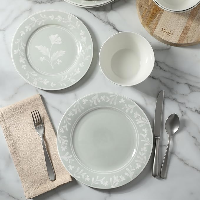 Martha Stewart Maiden Crown 12-Piece Sage Green Dinnerware Set – Vegan Bone China Ceramic Plates & Bowls – Floral Design – Service for 4 – Microwave & Dishwasher Safe