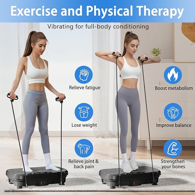 Vibration Plate Exercise Machine, Full Body Shaker Workout Vibration Plate for Lymphatic Drainage Weight Loss, Waver Vibrating Fitness Platform with Resistance Bands, Low Noise Home Fitness for Adults