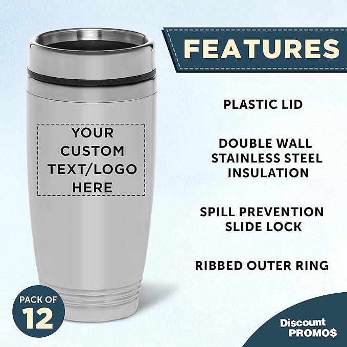 DISCOUNT PROMOS Custom Stainless Steel Tumblers 16 oz. Set of 12, Personalized Bulk Pack - Perfect for Coffee, Soda, Other Hot & Cold Beverages - Silver